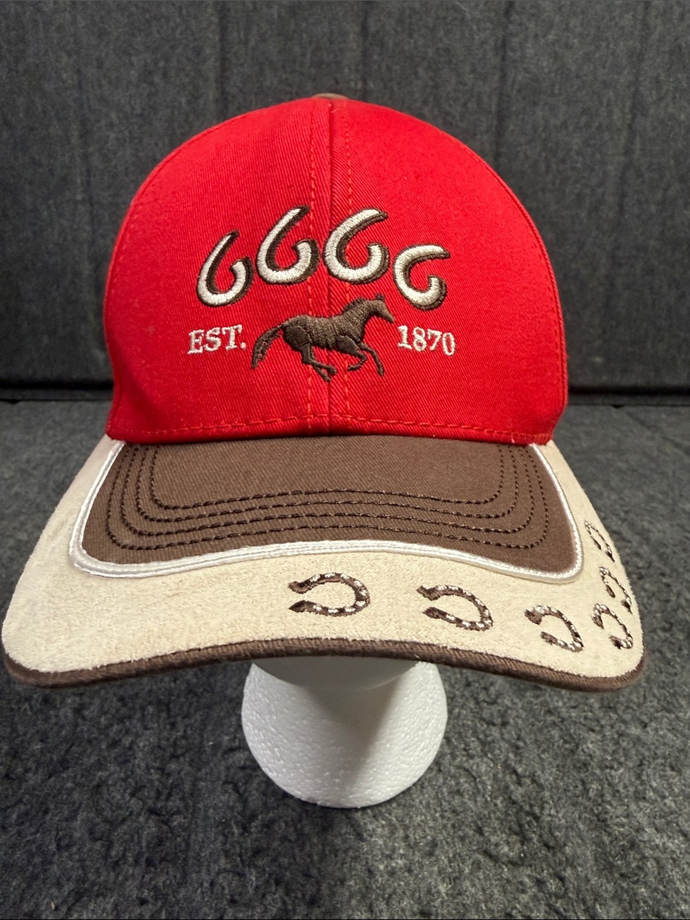 6666 Embroidered Horse Logo Trucker Cap in Red, Brown & Cream